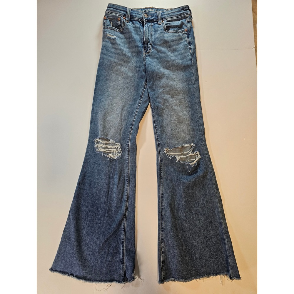 American Eagle Flare Jeans Womens 4 Blue Distressed Super High Rise‎